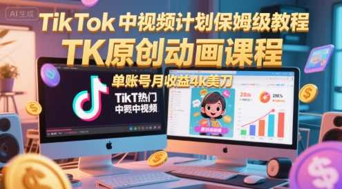 TikTok中视频计划保姆级教程，TK原创动画课程，单账号月收益4k美刀|HOOK协议网
